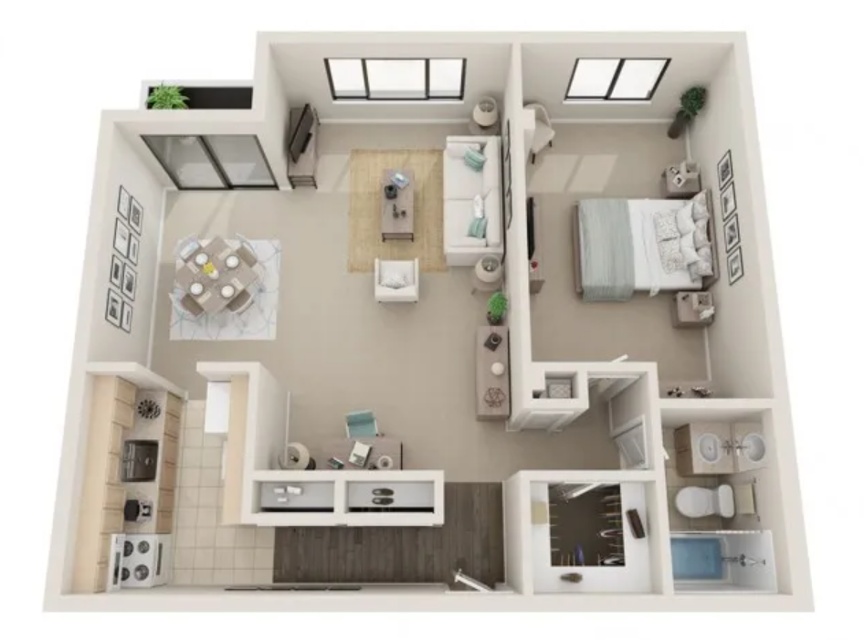 Floor plan for 1 bed, 1 bath, 800 sqft